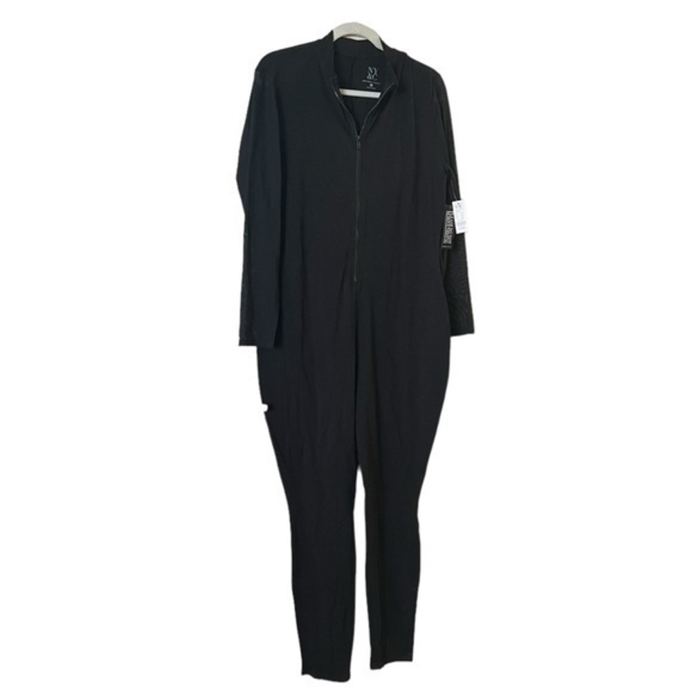 NWT NY&Co Black Knit One-Piece Long Mesh Sleeve Zip Up Jumpsuit / Onesie